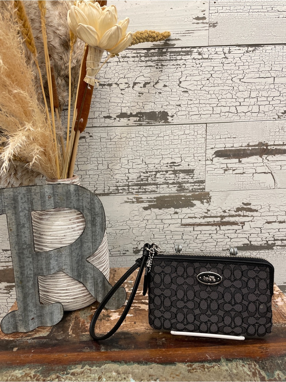 Coach Jacquard Black & Charcoal Wristlet